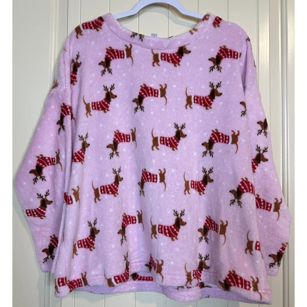 JOYSPUN fleece Women's pajama‎ PJ Top Only Wiener Dog Dachshund Pink 2X Holiday
